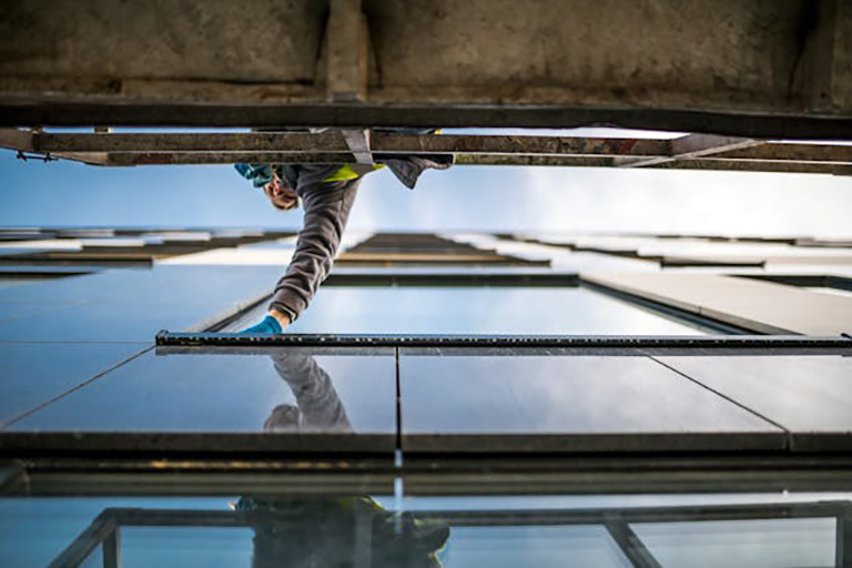 A multi-storey shopping complex requiring high-rise window cleaning.